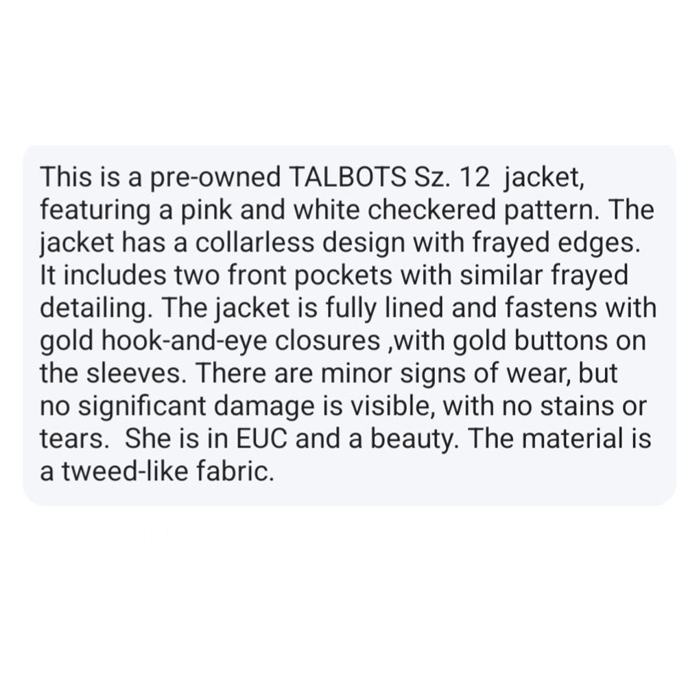 💐EUC TALBOTS Blazer Jacket Pink White Checkered Tweed Fringe Sz. 12 - Picture 14 of 14